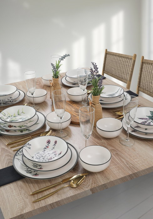 Hermia Juego de Cena de Cerámica de 24 Piezas en Colores Blanco, Verde, Púrpura y Negro